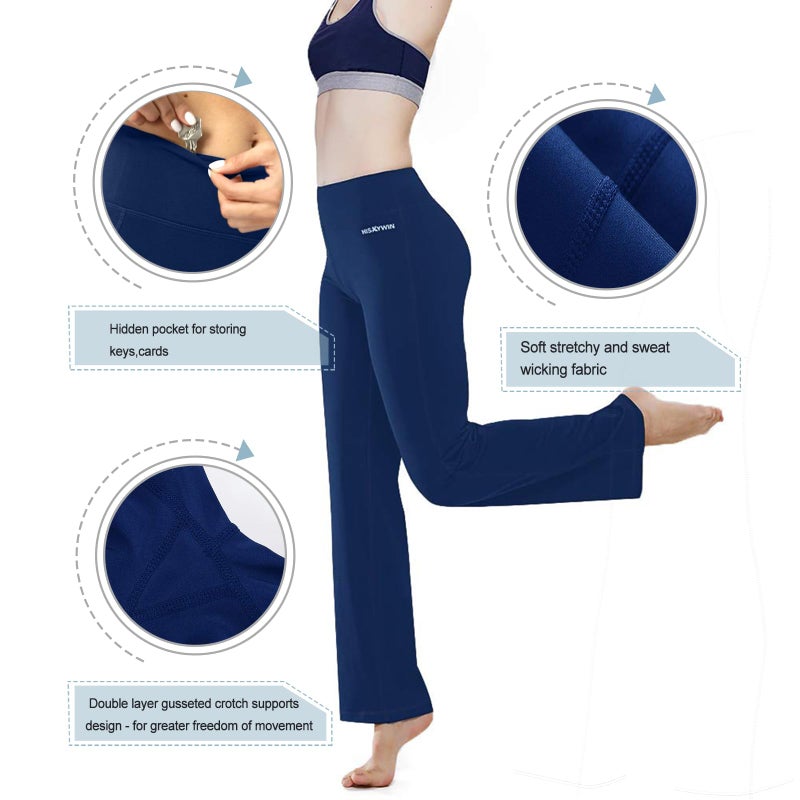 HISKYWIN Inner Pocket Yoga Pants 4 Way Stretch Tummy Control Workout Running Pants, Long Bootleg Flare Pants HF2-Indigo Blue-XXL - Image 4